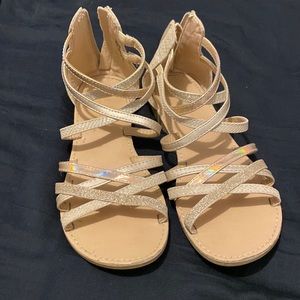 gold/tan sandals flats women shoes zip up sparkly